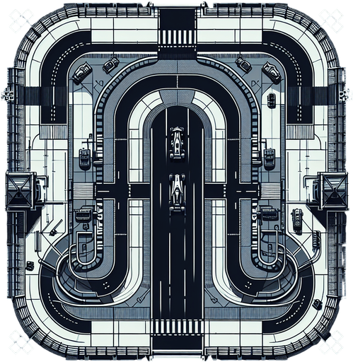 Race track top view.
Single Game Texture. In-Game asset. 2d. Blank background. High contrast. No shadows.