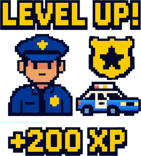 a police themed level up screen pixel art.
In-Game asset.  High contrast.  No shadows