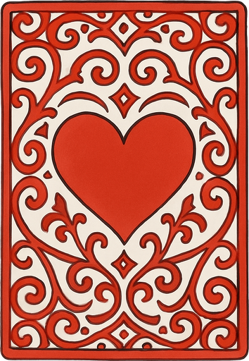 The back of a playing card. Red pattern with a heart in the center. Anime style..
In-Game asset.  2d.  High contrast.  No shadows