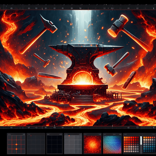 Backdrop: A grand forge surrounded by molten lava and glowing hammers mid-swing.

Colors: Fiery reds and oranges with metallic silver and gray.

Details: Sparks flying and glowing weapon fragments scattered around..
Single Game Texture. In-Game asset. 2d. Blank background. High contrast. No shadows.