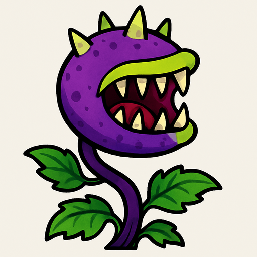 Forma general: La planta tiene un cuerpo principal redondeado, similar a una cabeza, de donde emerge un tallo.

Color: El cuerpo principal es de un vibrante color púrpura, salpicado con algunas manchas más oscuras del mismo tono.

Boca: Posee una boca enorme y abierta que domina gran parte de su "cabeza". El borde de la boca es de un color verde lima brillante.

Dientes: En el interior de la boca, se pueden ver numerosos dientes grandes, afilados y puntiagudos, de color blanco o crema, que sugieren su naturaleza carnívora. La encía visible dentro de la boca es de un tono rosa rojizo.

Cuernos/Espinas: En la parte superior de su cabeza, tiene tres o cuatro protuberancias cónicas y afiladas, de color verde claro o blanquecino, que parecen espinas o cuernos.

Tallo y hojas: Un tallo largo y curvado de color púrpura oscuro se extiende desde la parte inferior de la cabeza. Varias hojas verdes, con una forma ondulada o dentada, brotan del tallo, tanto cerca de la cabeza como en la base..
In-Game asset.  2d.  High contrast.  No shadows