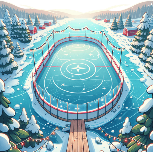 Outdoor empty frozen icy lake, Christmas decorated. View from standing at the middle of the lake looking towards shore. Cartoon. Middle of rink view.