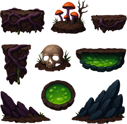 pack of a scary terrain assets for game platform, horizontal, different shapes, HD colors.
In-Game asset.  2d.  High contrast.  No shadows