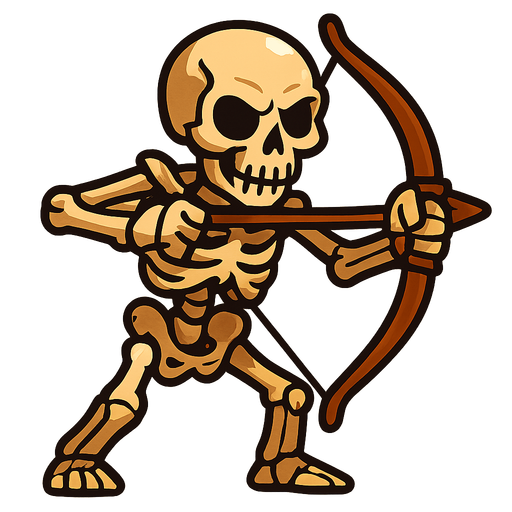 A skeleton with a bow.
In-Game asset.  2d.  High contrast.  No shadows