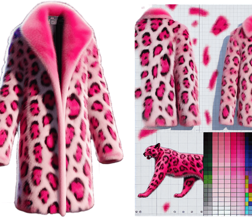 Pink leopard mink coat.
Single Game Texture.  In-Game asset.  2d.  Blank background.  High contrast.  No shadows