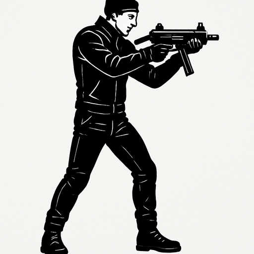 un motociclista vestido de negro apuntando con una smg de cuerpo completo con perspectiva lateral 
In-Game asset.  2d.  High contrast.  No shadows sin casco y sin moto