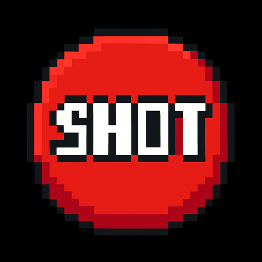 un boton rojo que en medio dice shot hecho con pixeles.
In-Game asset.  2d.  High contrast.  No shadows