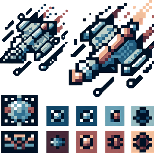 pixel space ship.
Single Game Texture.  In-Game asset.  2d.  Blank background.  High contrast.  No shadows