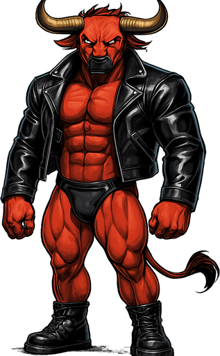 idle animation hunky Minotaur man Cyberpunk manga, minotaur monster hunk, shiny black leather biker jacket longsleeves shirtless muscles, jockstrap combat boots, Background removed, "Full-body character, entirely in frame, no cropping of face, head, or feet" "Complete character visible, from horns to hooves, fully centered in the image" "Entire character, including face and boots, fully within the frame" Character fully contained within a square frame, no edges cut off fashion model idle pose