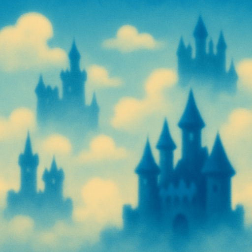 cielo con castillos y nubes de fondo, que se vea borroso.
In-Game asset.  2d.  High contrast.  No shadows
