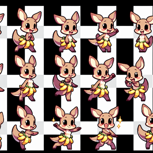 A spritesheet with a number of poses of an happy little female kangaroo in a banana skirt, smiling, walking, waiting, standing, ordering, turning, etc. all seen from the side.The spritesheet should be laid out in a rectangular grid with clear space between each individual sprite. Each sprite in the sheet should be around 300x600 pixels in size..
Single Game Texture. In-Game asset. 2d. Blank background. High contrast. No shadows.
