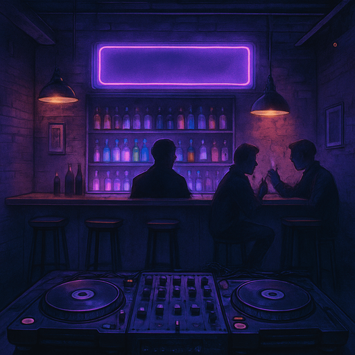 semi-realistic comic book style, moody neon lighting, lo-fi urban atmosphere, rich textures, cinematic framing, purple and blue tones, soft gradients, ambient reflections