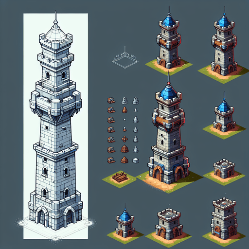 create a tower  in  a tower defense game.
Single Game Texture. In-Game asset. 2d. Blank background. High contrast. No shadows.