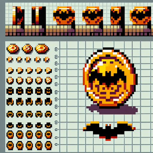 8-bit pixelated spritesheet of an isometric golden bat coin seen in multiple poses of spinning around it's y axis. the elements need to be orderly arranged for easy cropping.
Single Game Texture. In-Game asset. 2d. Blank background. High contrast. No shadows.