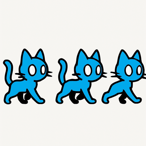 Haz los sprites de un gato azul sin pupilas caminando.
In-Game asset.  2d.  High contrast.  No shadows