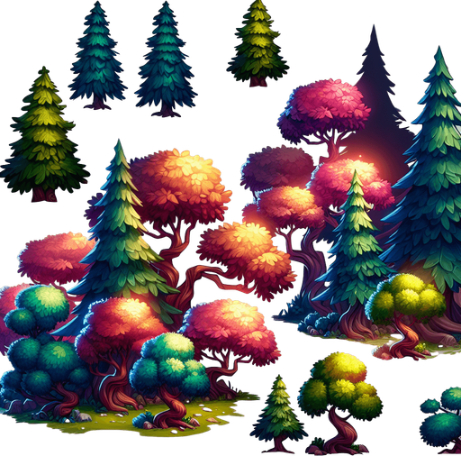 A group of stylized mid-ground trees for a vibrant 2D side-scrolling game. The trees should be clustered together, featuring a mix of pine and deciduous trees with slightly exaggerated shapes and soft shading. The colors should be rich and vibrant, blending well with a semi-realistic fantasy environment. Some trees should have glowing highlights on the edges for a magical effect. The background should be slightly blurred to create depth, with a painterly texture.".
Single Game Texture.  In-Game asset.  2d.  Blank background.  High contrast.  No shadows
