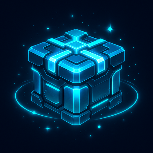 A 2D sci-fi gift box or power-up crate floating in space, with a glowing metallic surface, futuristic design, bright neon blue and silver accents, and a soft pulsing light effect. The box should look valuable and mysterious, slightly levitating with subtle sparkles or energy rings around it. Designed for a top-down space shooter game. Transparent background, digital art, ideal for sprite use..
In-Game asset.  2d.  High contrast.  No shadows