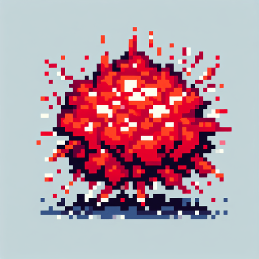 pixelated red explosion. 8 bit..
Single Game Texture. In-Game asset. 2d. Blank background. High contrast. No shadows.