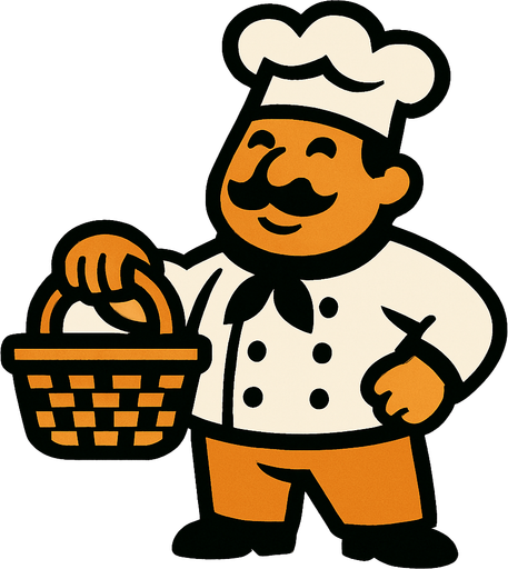 Chef con una cesta en la mano.
In-Game asset.  2d.  High contrast.  No shadows