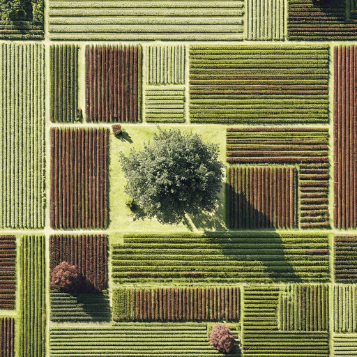 The same image, but in a lush and green setting, where grass is growing in all the fields
