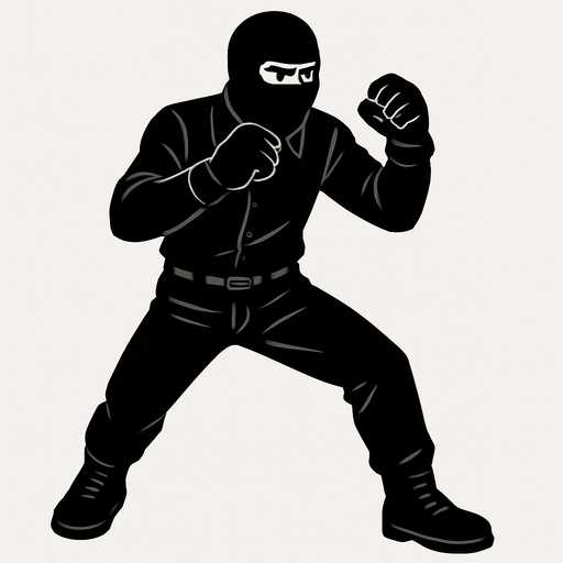 hombre con camisa negra de manga larga, pantalones negros, botas negras y guantes negros y un pasamontañas negro en posicion de combate.
In-Game asset.  2d.  High contrast.  No shadows