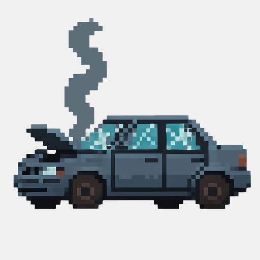 A wrecked grey car with broken windows and smoke coming from the hood but pixel art style . No background. Transparent background. Blank background. No shadows. 2d. In-Game asset. flat