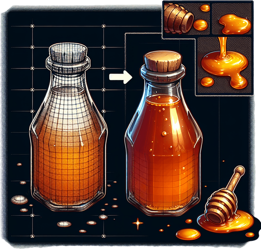 A glass bottle filled with honey.
Single Game Texture. In-Game asset. 2d. Blank background. High contrast. No shadows.