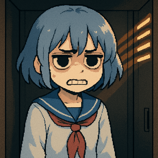 Yui is a cute 15-year-old anime girl with big black eyes and short, soft blue-gray hair (HEX: #b0b9d8). She wears a traditional Japanese school uniform called a sailor fuku. In this Pixel Art scene, Yui looks clearly upset—she has very noticeable dark circles under her eyes, her eyebrows are tense, and her teeth are pressed together in frustration. Her arms are relaxed and down at her sides, showing no physical aggression, just quiet tension. She’s inside a school locker, looking out through a metal grate with a serious, focused expression. The entire scene is viewed from inside the locker, with soft light coming through the vents, casting gentle shadows across her face and creating a slightly tense but family-friendly atmosphere.