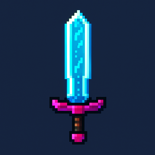 Diseña una espada estilo pixel art, sencilla pero llamativa. Debe ser fácil de animar o colocar junto a un personaje. El mango debe ser corto y simple, y la hoja puede ser recta o con un brillo digital. Usa colores llamativos como azul neón, rojo fuego o plateado con detalles pixelados. El diseño debe parecer futurista o mágico, como si fuera un arma especial de un guerrero digital..
In-Game asset.  2d.  High contrast.  No shadows