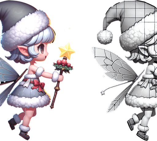 Profile view of a cute little fairy with a santa hat and a magic wand. Flying in the right direction. Single Game Texture. In-Game asset. 2d. Blank background. High contrast. No shadows.