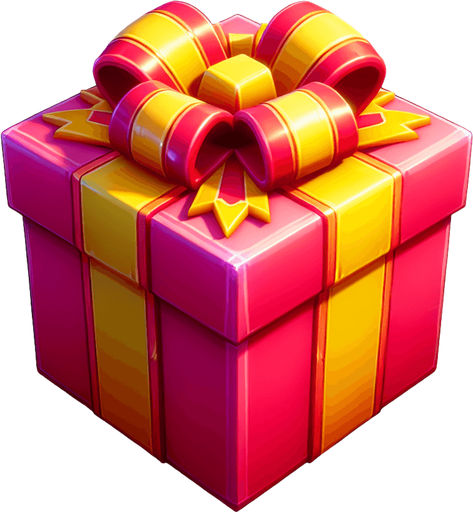 gift wrapped box, bright colours. with bow on top Single Game Texture. In-Game asset. 2d. Blank background. High contrast. No shadows. Single Game Texture.