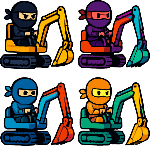 Different frames of a ninja digger, different colors, HD colors.
In-Game asset.  2d.  High contrast.  No shadows