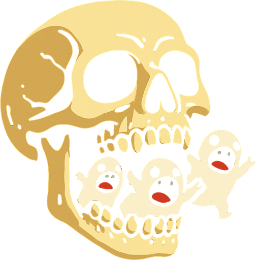 cabeza de esqueleto con montruos blancos en la boca.
In-Game asset.  2d.  High contrast.  No shadows