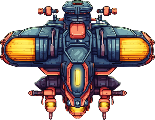 Hero Spaceship, flying up, single cannon in the center
Game Texture. In-Game asset. 2d. Pixelart. blank background. Low detail. High contrast.