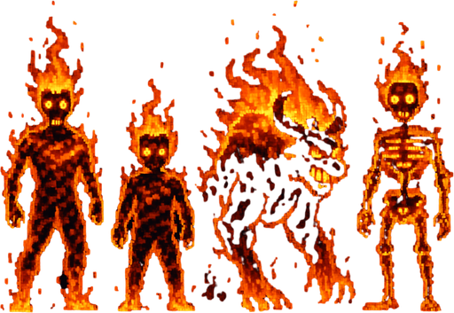 ateşden yanan canavarlar insanlar yaratık pixel art.
In-Game asset.  2d.  High contrast.  No shadows