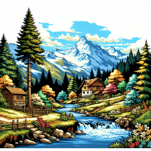 anime image 2d ghibli style. swiss forrest 
mountain and traditional village.
Single Game Texture.  In-Game asset.  2d.  Blank background.  High contrast.  No shadows