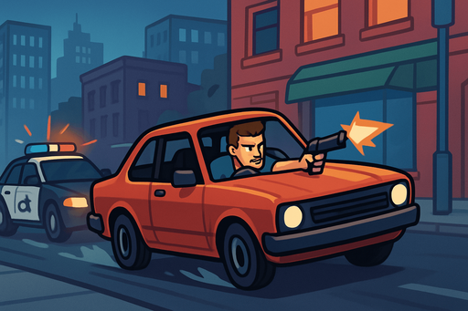 Fullscreen modern App Store landscape banner, 16:9, high definition, for a game titled "GTA Mini: City Heist" and with the description "A fast-paced 2D city crime game: steal cars, complete missions, and escape the police in a dynamic urban environment.". No text on banner!