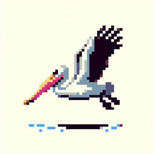 8-bit profile of pelican flapping it's wings downward.
Single Game Texture. In-Game asset. 2d. Blank background. High contrast. No shadows.