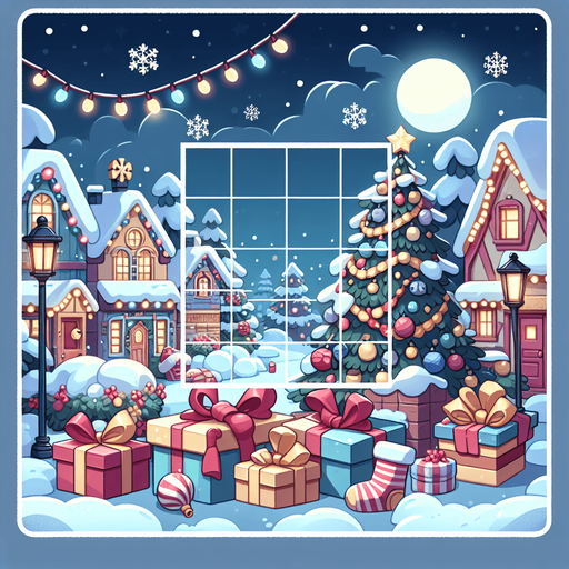 Outdoor, nighttime Christmas Background for puzzle game. Cartoon. Pastel colors, flat shaded, vector art. Full width blank square in center. Sharp corners.