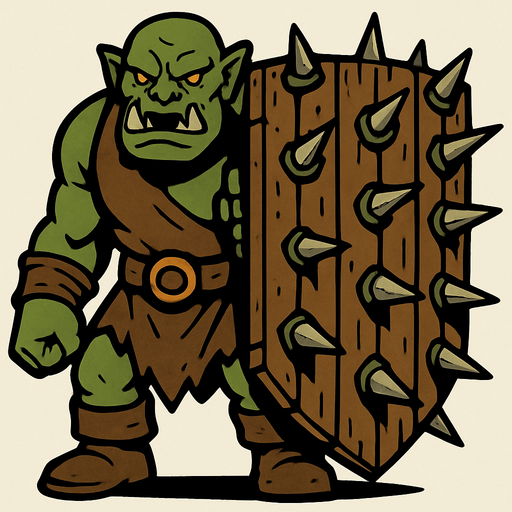 Orc with a big wooden shield full of spikes.
In-Game asset.  2d.  High contrast.  No shadows