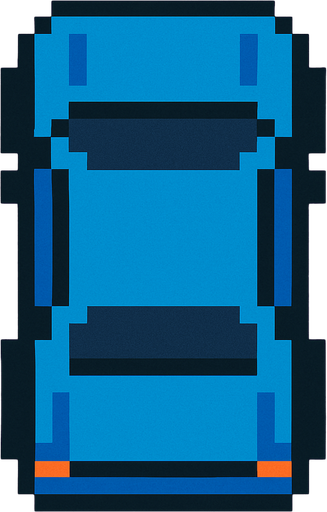 Blue car 2d pixilated topdown.
In-Game asset.  2d.  High contrast.  No shadows