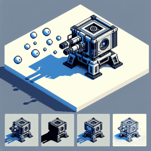 square shaped snowball shooting turret. pixelated. 8 bit. Single Game Texture. In-Game asset. 2d. Blank background. High contrast. No shadows.