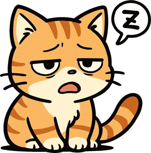 Cute tired cat manga cartoon style.
In-Game asset.  2d.  High contrast.  No shadows