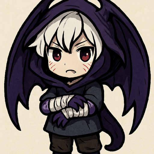 Un manakete en estilo chibi/cuerpo completo. Se ve como un niño pequeño con cabello blanco desordenado. Sus alas de dragón, morado oscura y membranosas, están enrolladas alrededor de su cuerpo como si fueran una capucha, dándole un aire misterioso. Viste ropa casual y simple, algo holgada, que oculta sus verdaderos atributos. En sus brazos lleva vendas mal puestas, apenas cubriendo las escamas moradas de dragón que intentan asomarse bajo ellas, garras en las manos. En cada mejilla tiene tres marcas visibles como arañazos, y un colmillo visible. Su expresión es inocente pero enigmática, transmitiendo que no es un simple niño. El estilo es chibi pero con un aire ligeramente oscuro y mágico..
In-Game asset.  2d.  High contrast.  No shadows