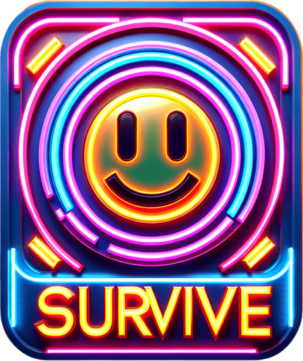 retro sign that says "Survive" with an face symbol in neon colors...
Single Game Texture. In-Game asset. 2d. Blank background. High contrast. No shadows.