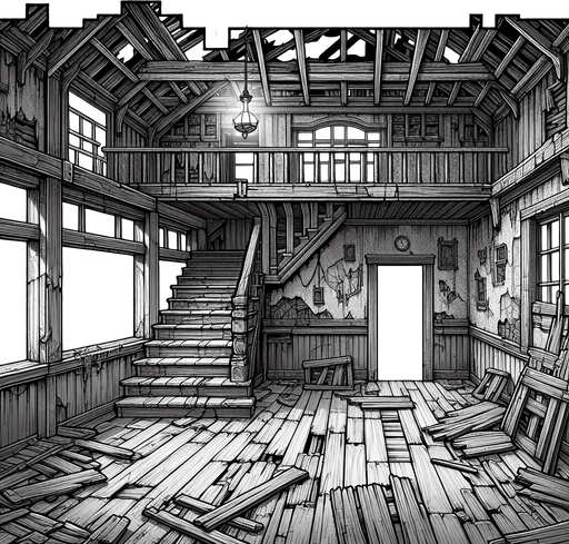 Spooky abandoned house interior
Single Game Texture. In-Game asset. 2d. Blank background. High contrast. No shadows.