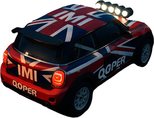 Photorealistic red MINI COOPER Rallycar with something like British flag livery in nightlight, drone topview from back and 45 degrees angle in top right corner. Replace MINI to IMI and Cooper too Qoper.