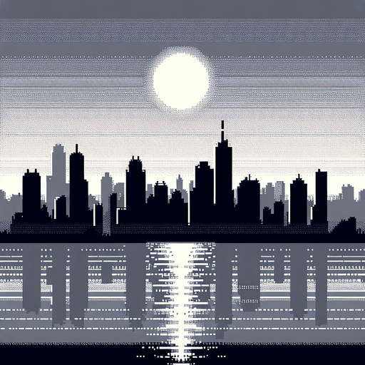 8-bit gray silhouette of cityscape in distance.
Single Game Texture. In-Game asset. 2d. Blank background. High contrast. No shadows.