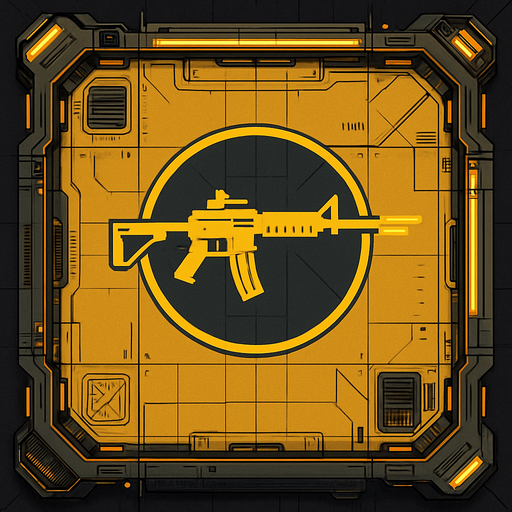 2D Top floor of complicated tower facing the screen to use it as a grid. future. Cyberpunk. abstract. seen from above. HD colors. Yellow & brown colors. No Diagonal assets. Big logo of a Rifle firing on the middle of it.