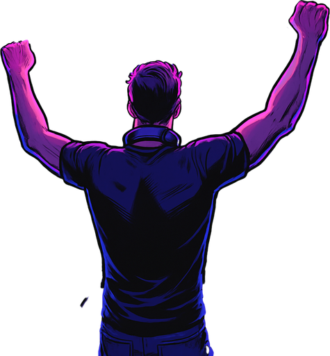 A realistic comic book style illustration, 2048x2048. From behind, DJ Noah stands on stage with arms raised, facing a cheering crowd. Neon lights in purples and blues flood the club. Spotlights, smoke, and a dynamic atmosphere. Add a semi-transparent narrator box in the top-left corner with the text: "He once lit up the night with sound..." in elegant comic book font..
In-Game asset.  2d.  High contrast.  No shadows